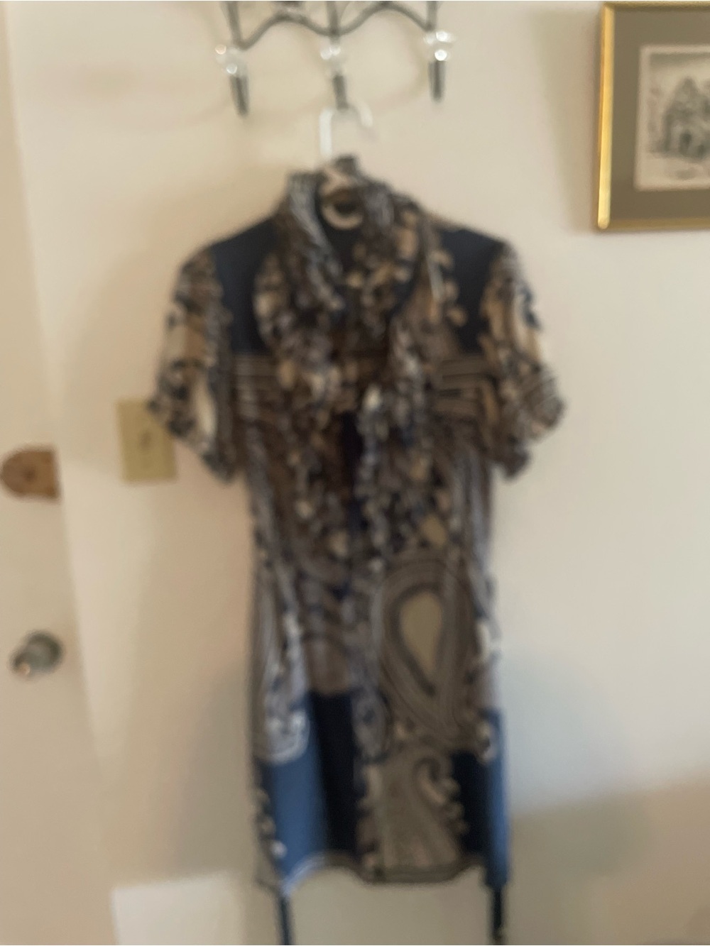 Printed Navy and Cream Midi Dress with adjustable belt Detail